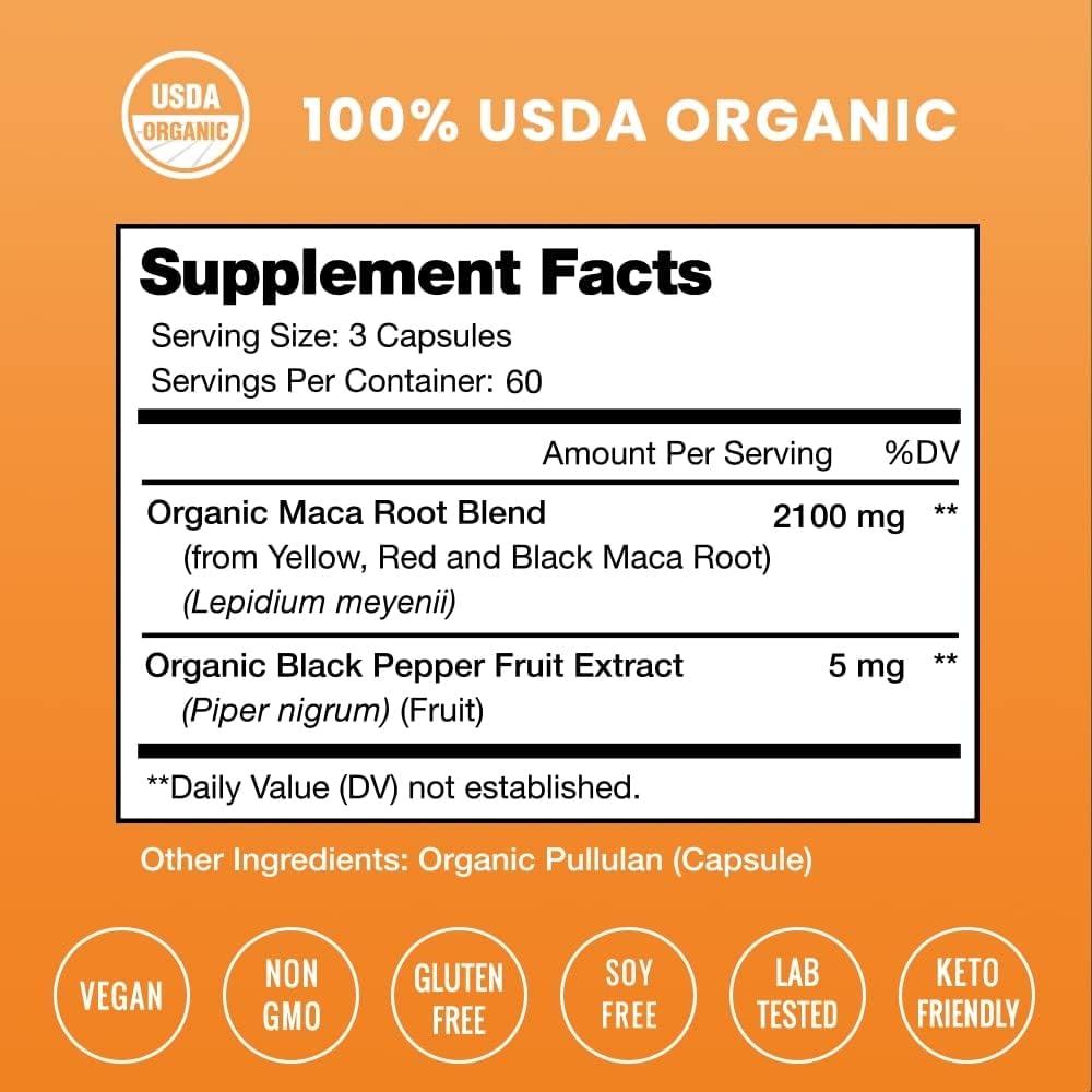 Organic Maca Root Capsules for Women & Men 180 count