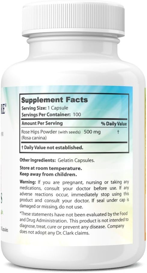 Dr Clark Store Rose HIPS Supplement, 500 MG, 100 Gelatin Capsules