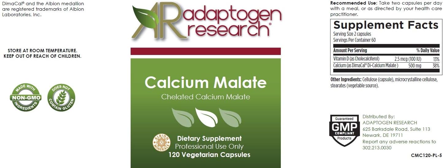 Calcium Malate Chelate 500 mg with Vitamin D3 Excellent Absorption Calcium Complex  120 Vegetarian Capsules