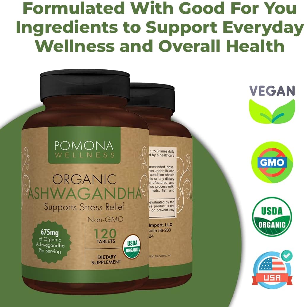 Pomona Wellness Organic Ashwagandha Supplement for Stress Support,120 tablets