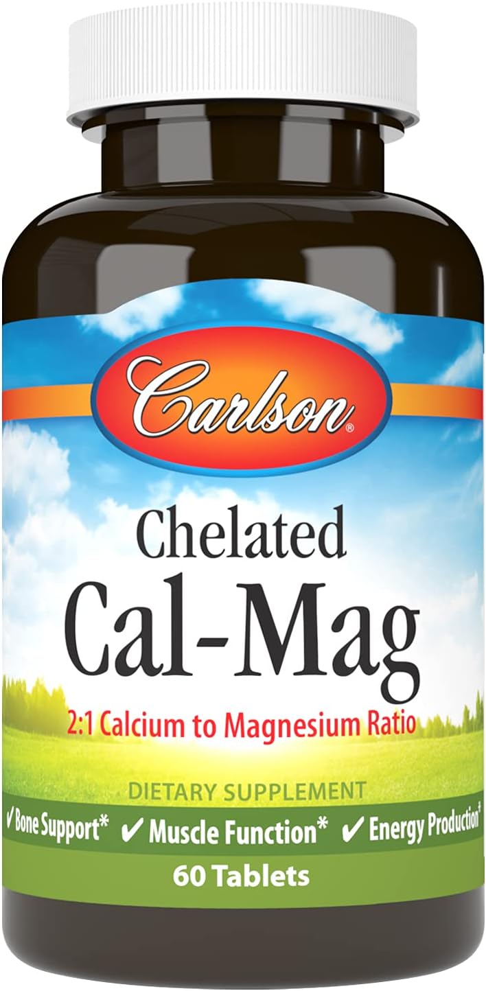 Carlson - Chelated Cal-Mag, 2:1 Calcium to Magnesium Ratio, Bone Support, Muscle Function & Energy Production, 60 Tablets