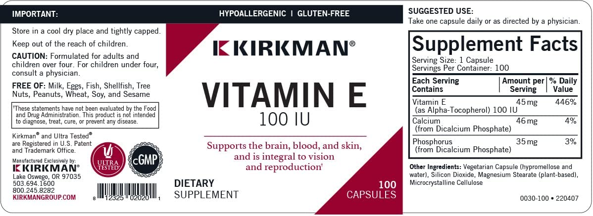 Kirkman Vitamin E 100 IU 100 Vegetarian Capsules