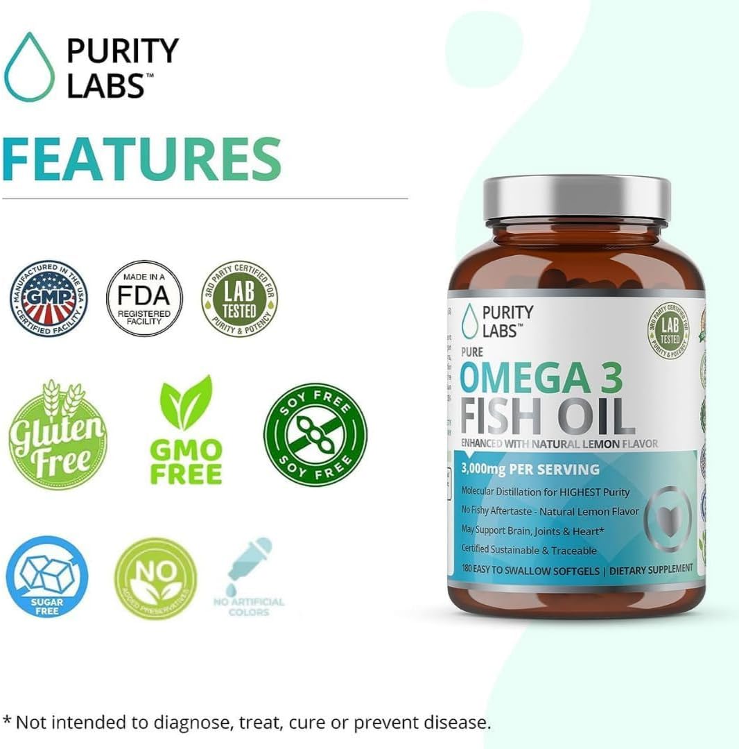 Purity Labs Omega 3 Fish Oil 3000mg - 180 Softgels