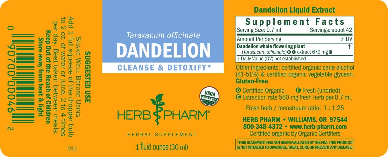 Herb Pharm Certified Organic Dandelion Liquid Extract for Cleansing and Detoxification, Organic Cane Alcohol, 1 Ounce