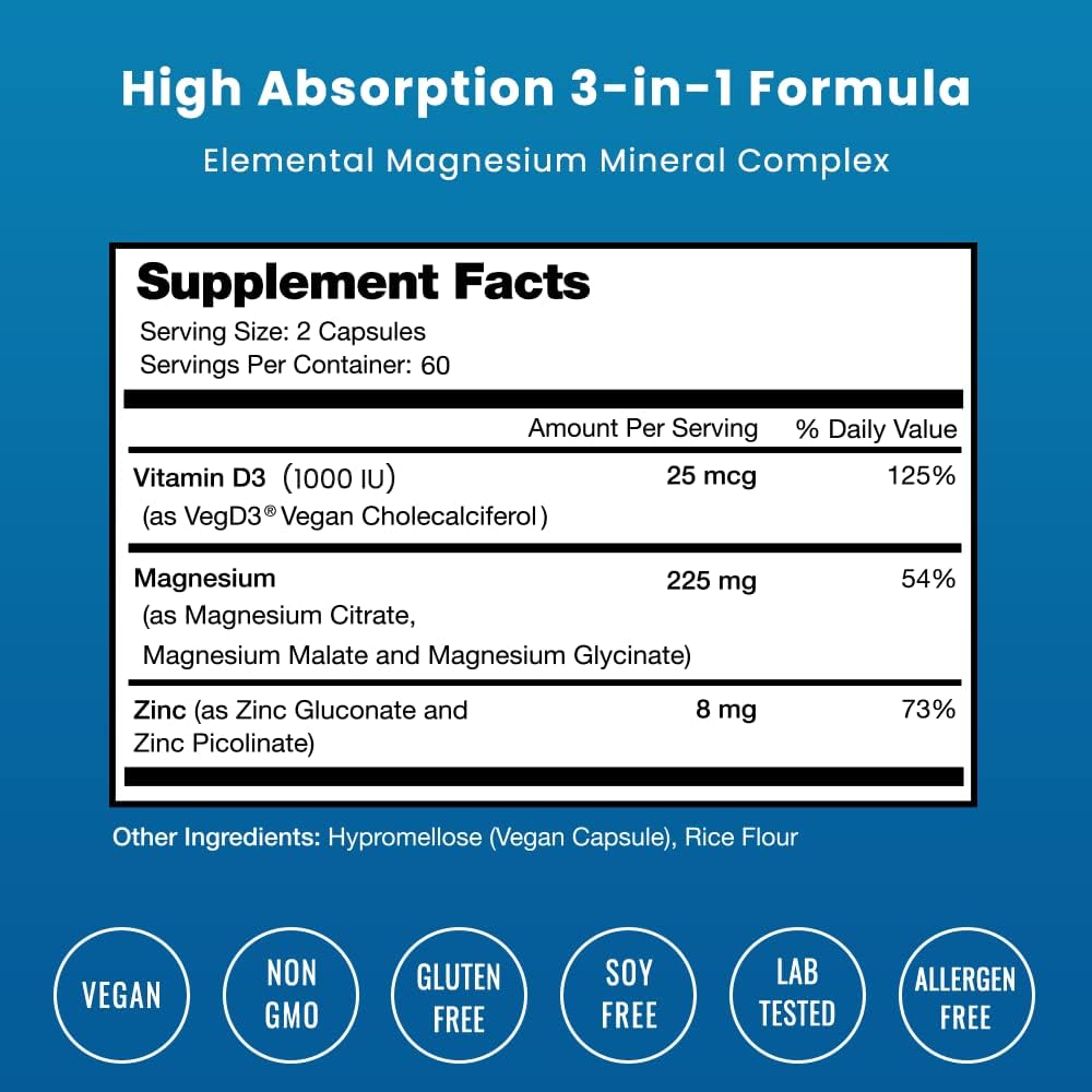 NutraChamps Magnesium Zinc & Vitamin D3 Supplement - 120 count