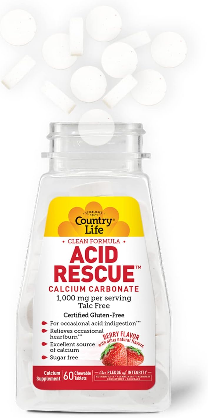 Country Life Acid Rescue Calcium Carbonate 60 Chewable Berry Flavor Tablets