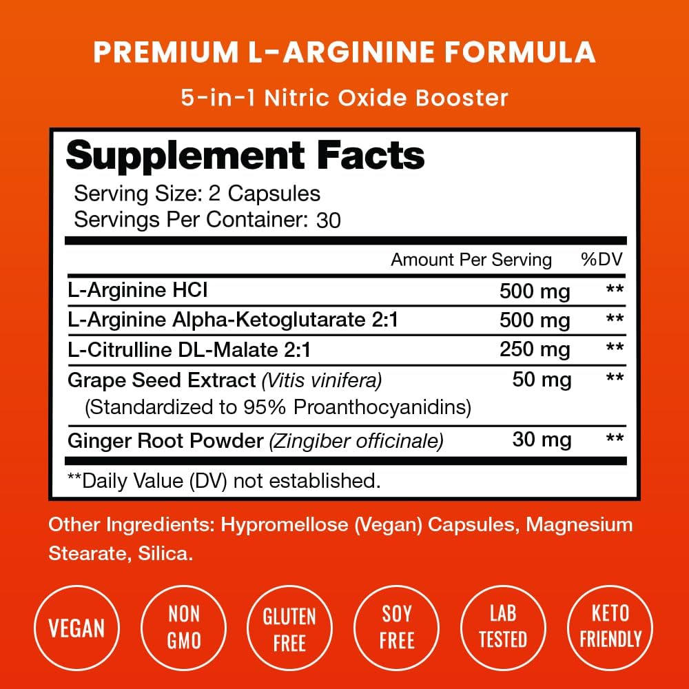 Premium L Arginine Supplement | 5-in-1 Nitric Oxide Supplement 60 count