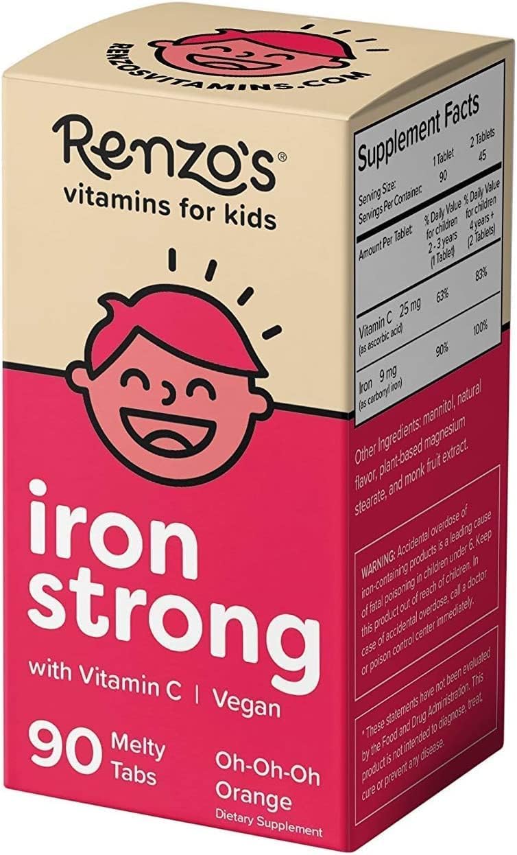 Renzo's Iron Supplements for Kids - Dissolvable Vegan Iron Supplement 90 Melty Tabs