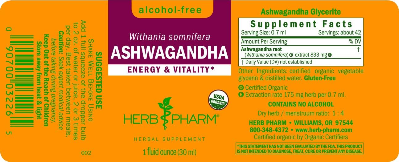 Herb Pharm Certified Organic Ashwagandha Extract Drops , 1 Oz