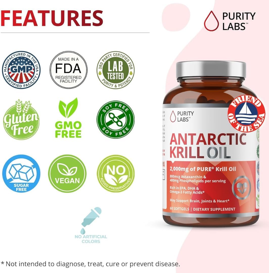 Purity Labs Antarctic Krill Oil 2000mg Omega-3 with Astaxanthin 800mcg- 60 Softgels