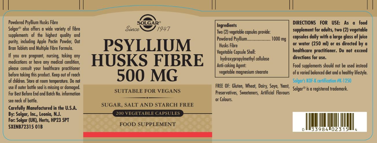 Solgar - Psyllium Husks Fiber 500 mg, 200 Vegetable Capsules