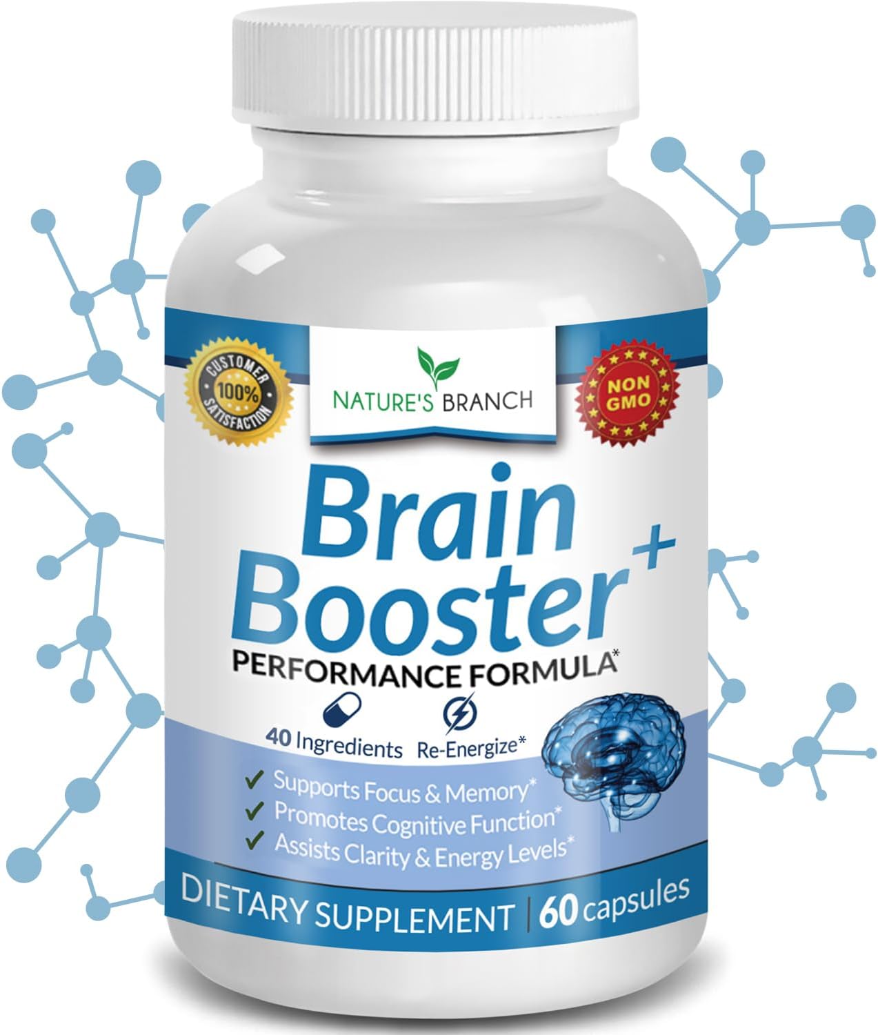 Brain Booster Supplement For Focus, Memory, Clarity, Energy 60 Capsules