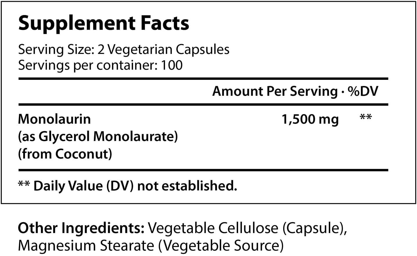 Monolaurin Supplement  200 Vegetarian Capsules