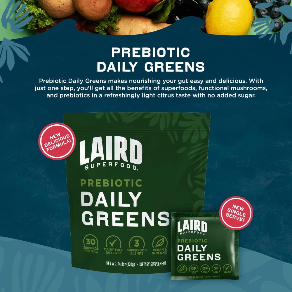 Laird Superfood Prebiotic Daily Greens Powder Pack of 15 Single Serve Sachets