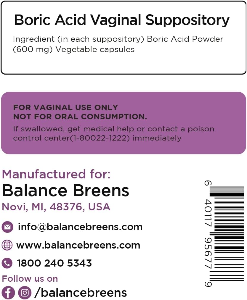 Boric Acid Suppositories for Women - 30 Vaginal Use Capsules