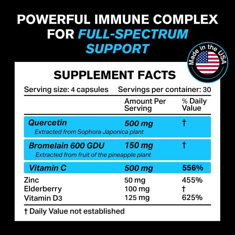 Quercetin 500mg Supplement with Sambucus Elderberry, Bromelain,  50mg, & Vitamin D3 5000 IU- 120 capsules