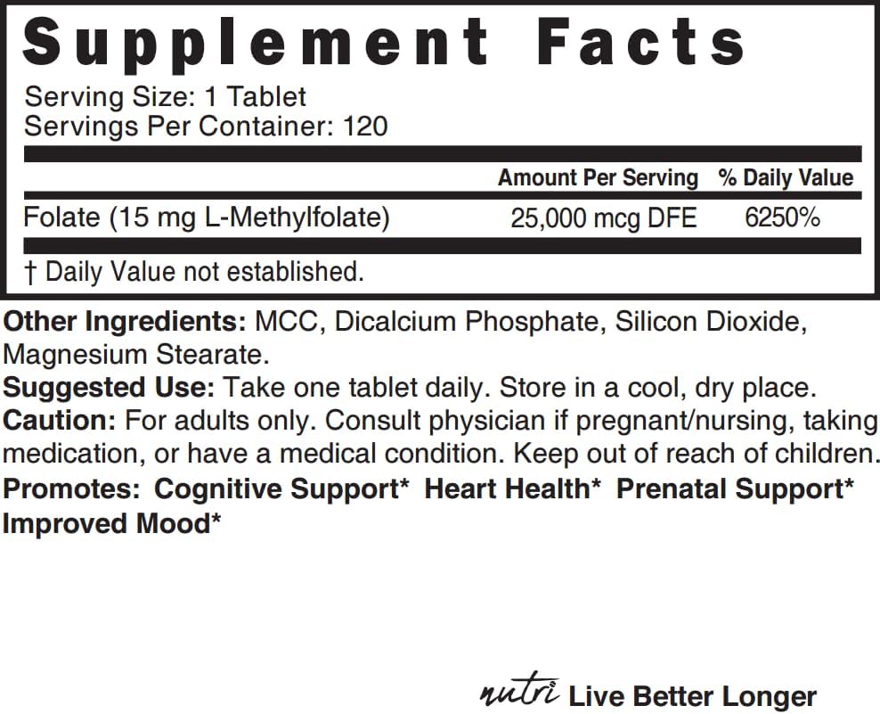 Nutri 5-MTHF L Methylfolate 15MG 120 Vegan Tablets