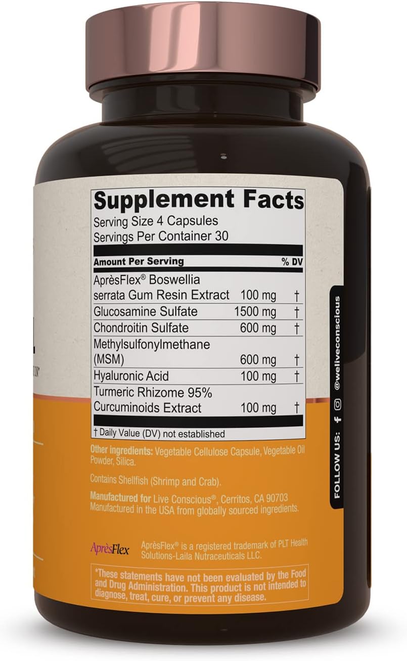 Live Conscious Glucosamine Chondroitin with MSM, Hyaluronic Acid, and More - MoveWell Joint Health Supplement-120 capsules