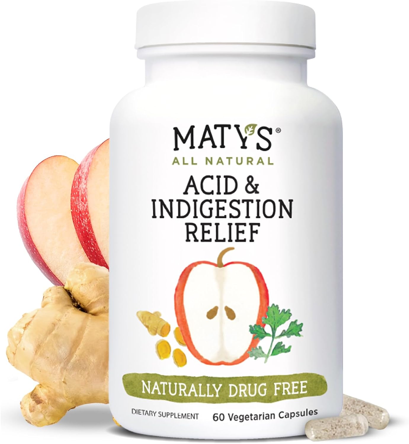 Matys Acid & Indigestion Relief Capsules, Safe Antacid 60 Count