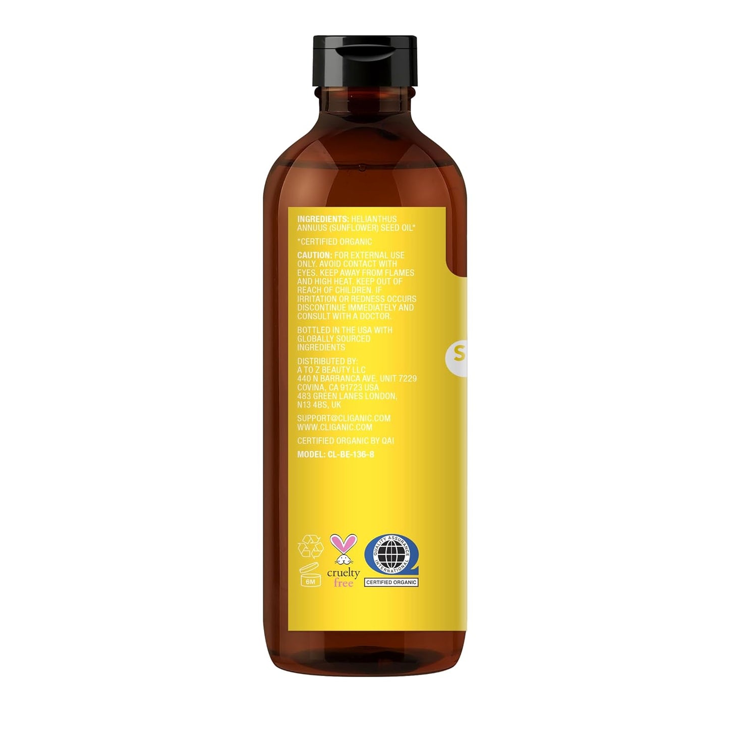 Cliganic Organic Sunflower Oil, 100% Pure (8oz) - For Skin, Hair & Face