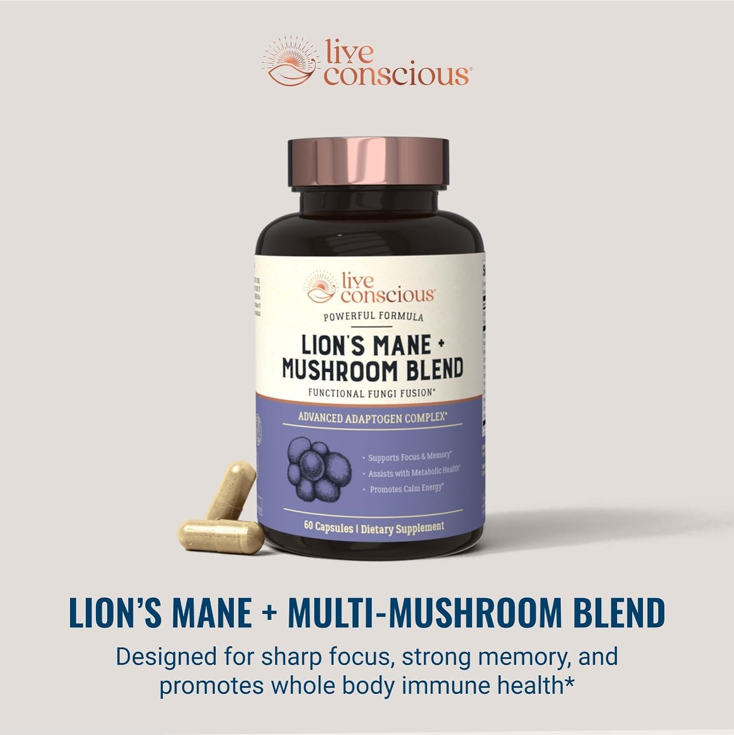 Live Conscious Lions Mane Mushroom Supplement Capsules for Brain Support - 60 capsules