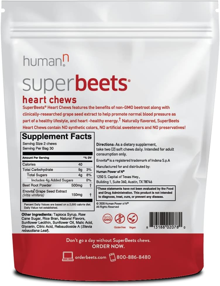 humanN SuperBeets Heart Chews - Nitric Oxide Production and Blood Pressure Support - 60 count