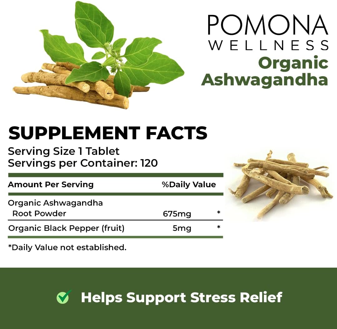 Pomona Wellness Organic Ashwagandha Supplement for Stress Support,120 tablets