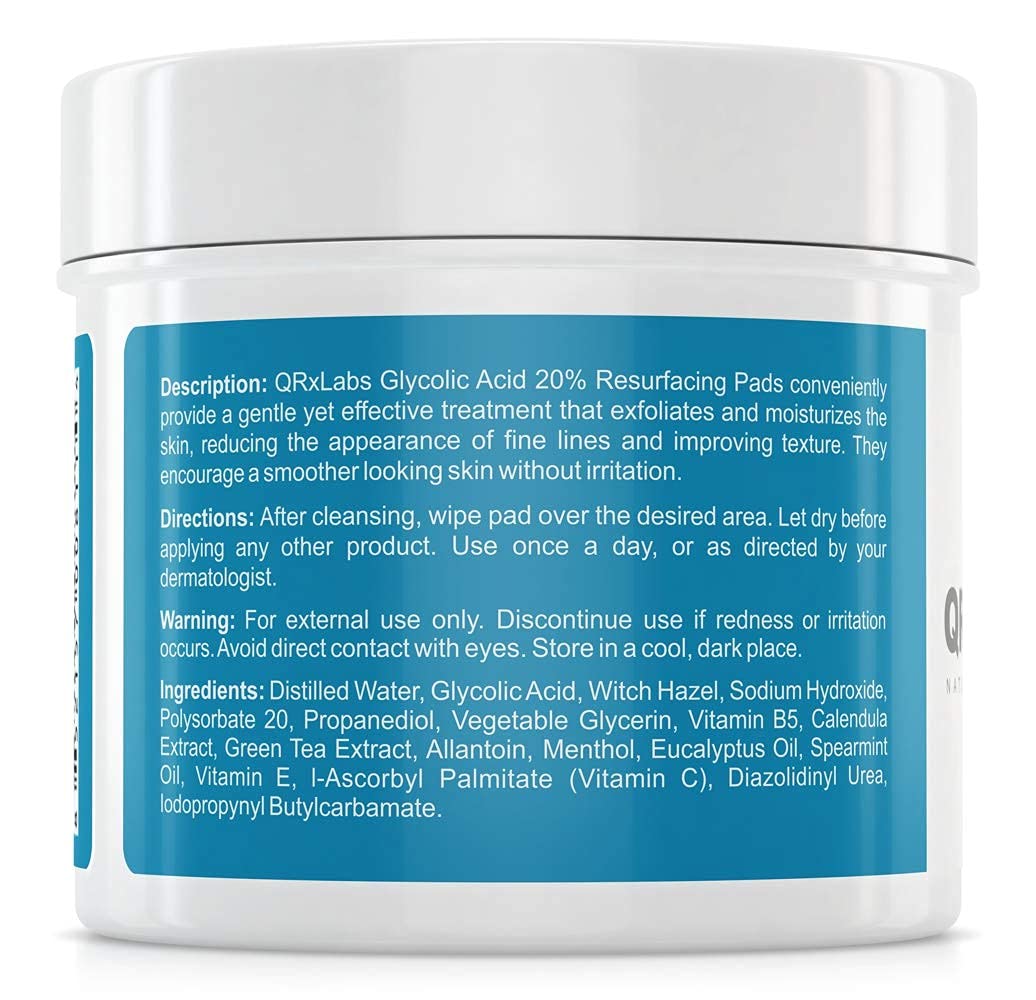 QRxLabs Glycolic Acid 20% Resurfacing Pads for Face & Body with Vitamins