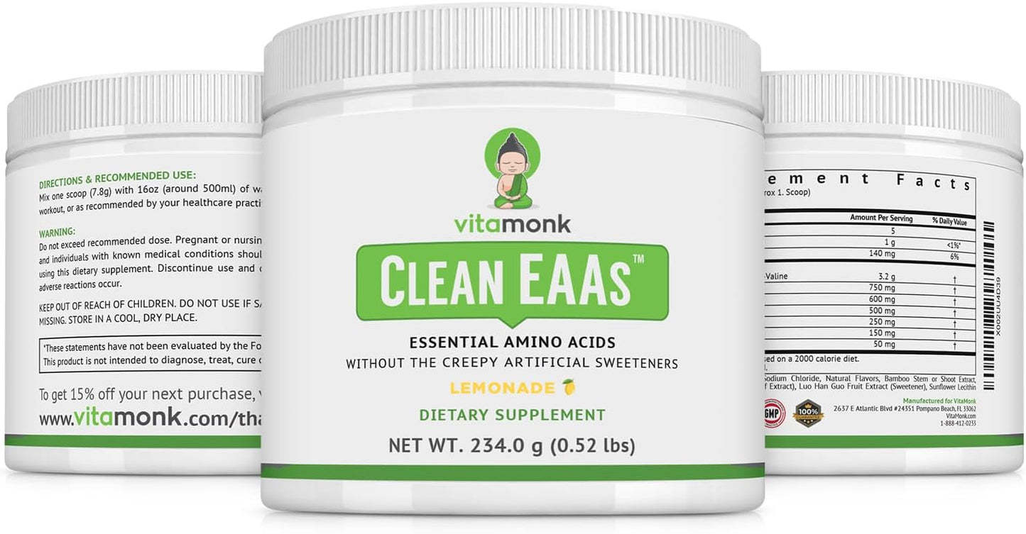 VitaMonk Clean EAA - EAAs with No Artificial Sweeteners for Pre-Workout, Energy and Recovery