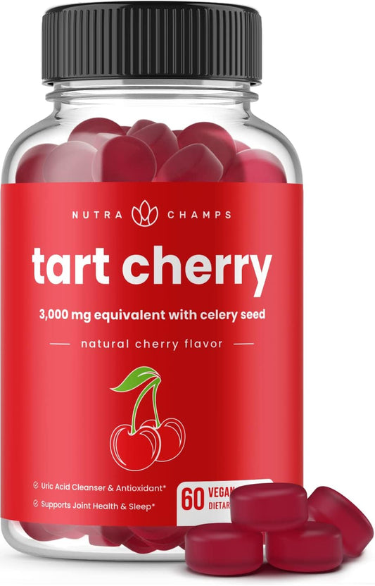 NutraChamps Tart Cherry Gummies - 3000mg Supplement with Celery Seed Extract - Vegan Tart Cherry Concentrate Gummy Vitamin