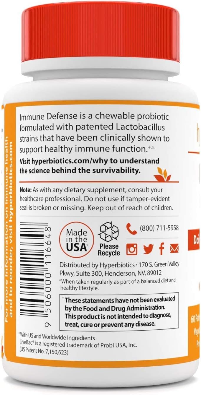 Hyperbiotics Immune Defense Vegan Chewable Tablets | 60 count