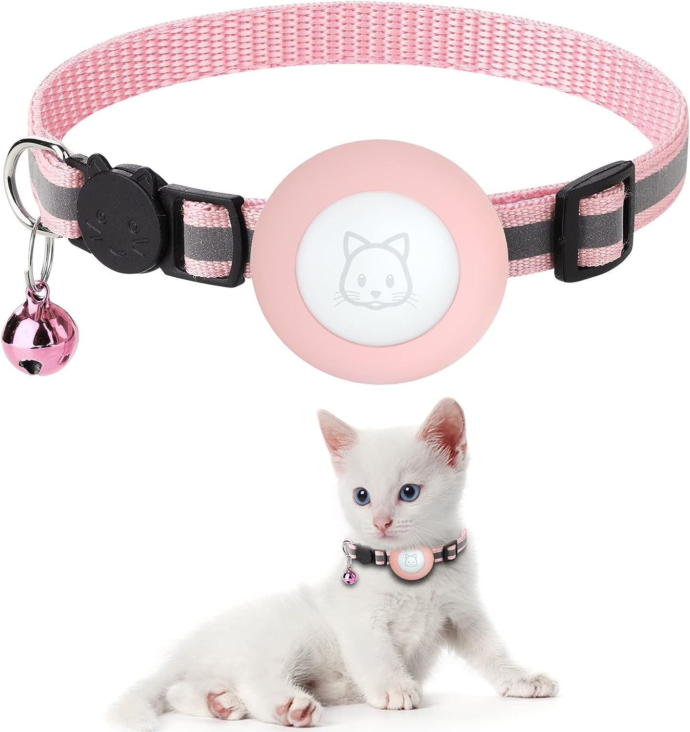 Airtag Cat Collar with Breakaway Bell, Reflective Adjustable Strap with Air Tag Case for Cat Kitten (Pink)