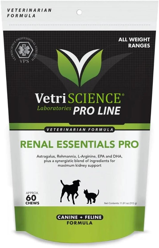 VetriScience Pro Renal Essentials Pro Kidney Supplement - Dogs + Cats, 60 Chews