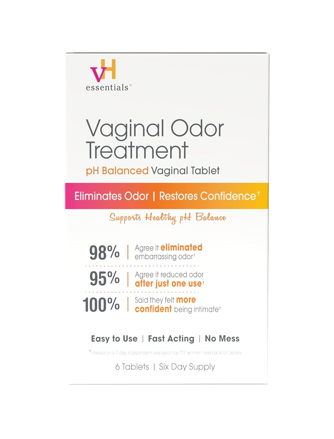 vH essentials Vaginal Odor Treatment - pH Balanced Vaginal Suppositories - 6 Tablets