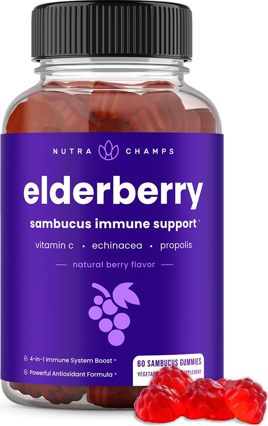 NutraChamps Elderberry Gummies with Vitamin C, Propolis & Echinacea - 60 count