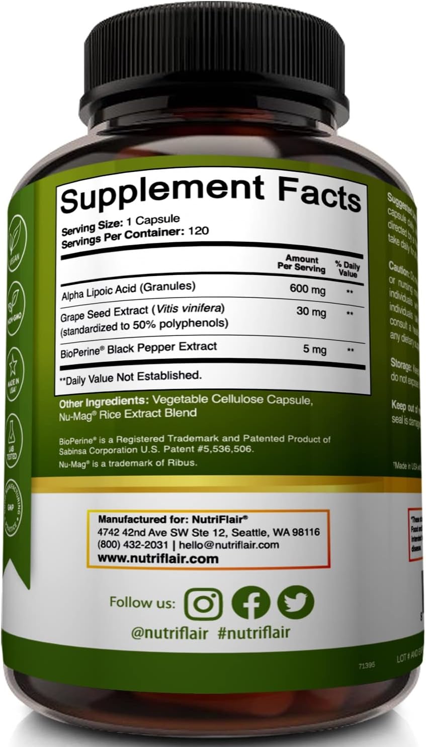 NutriFlair Alpha Lipoic Acid 600mg, 120 Capsules