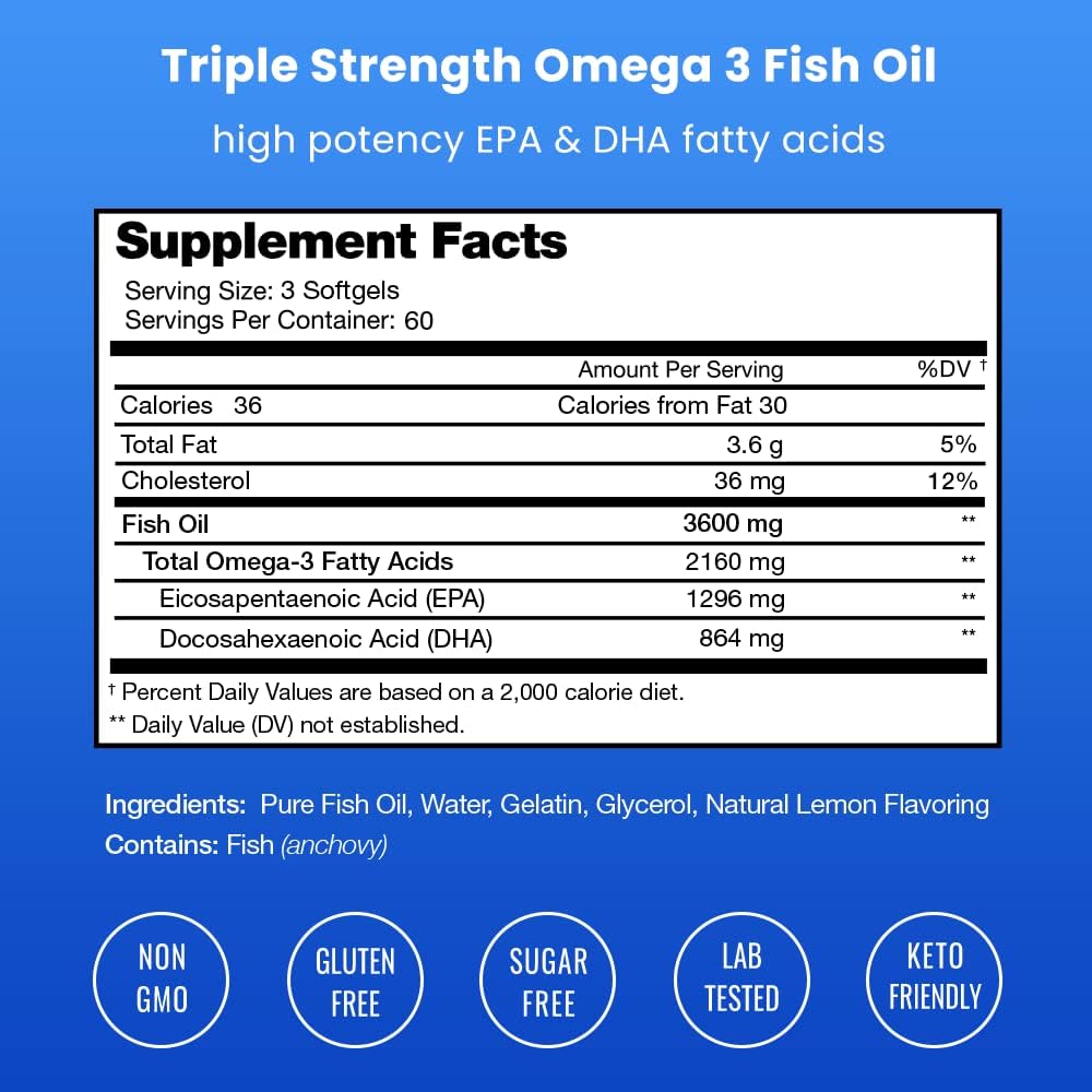 Omega 3 Fish Oil Supplements 3600mg with EPA & DHA 180 count