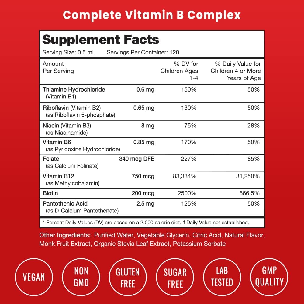 Vitamin B Complex for Kids | B1, B2, B3, B6, B7, B9 & Methyl B12 120 servings