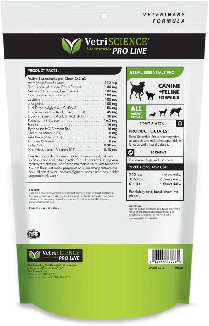 VetriScience Pro Renal Essentials Pro Kidney Supplement - Dogs + Cats, 60 Chews