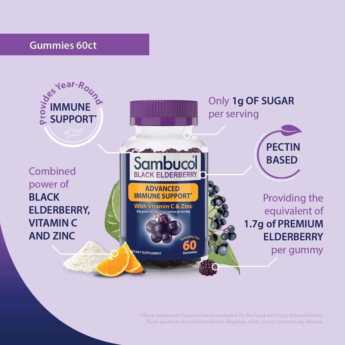 Sambucol Black Elderberry Gummies with Vitamin C & Zinc  60 Count