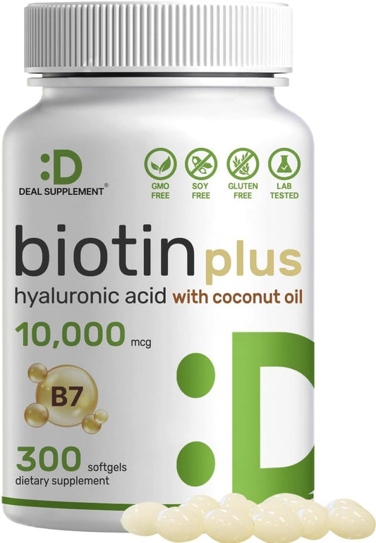 Biotin  Plus Hyaluronic Acid 25mg with Coconut Oil, 300 Softgels