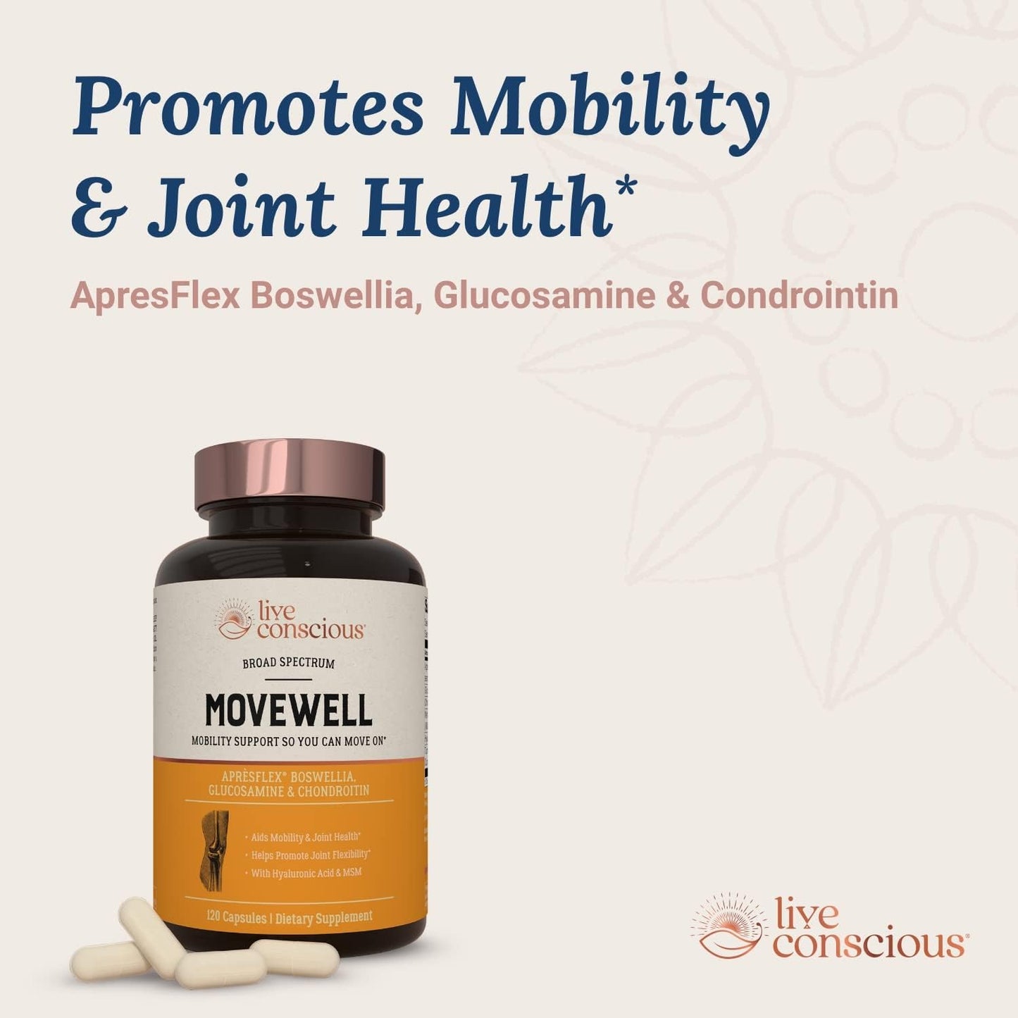 Live Conscious Glucosamine Chondroitin with MSM, Hyaluronic Acid, and More - MoveWell Joint Health Supplement-120 capsules