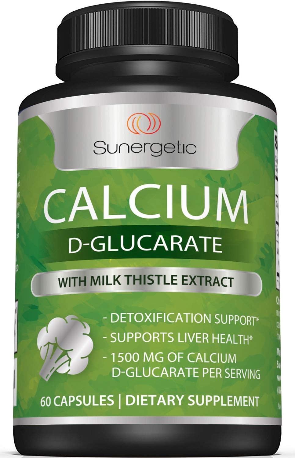 Sunergetic Premium Calcium D-Glucarate Supplement with Milk Thistle Extract  -60 Capsules