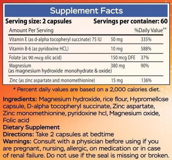 MgSport Magnesium and Zinc + Vitamins B6, B9, High Absorption 120 Capsules