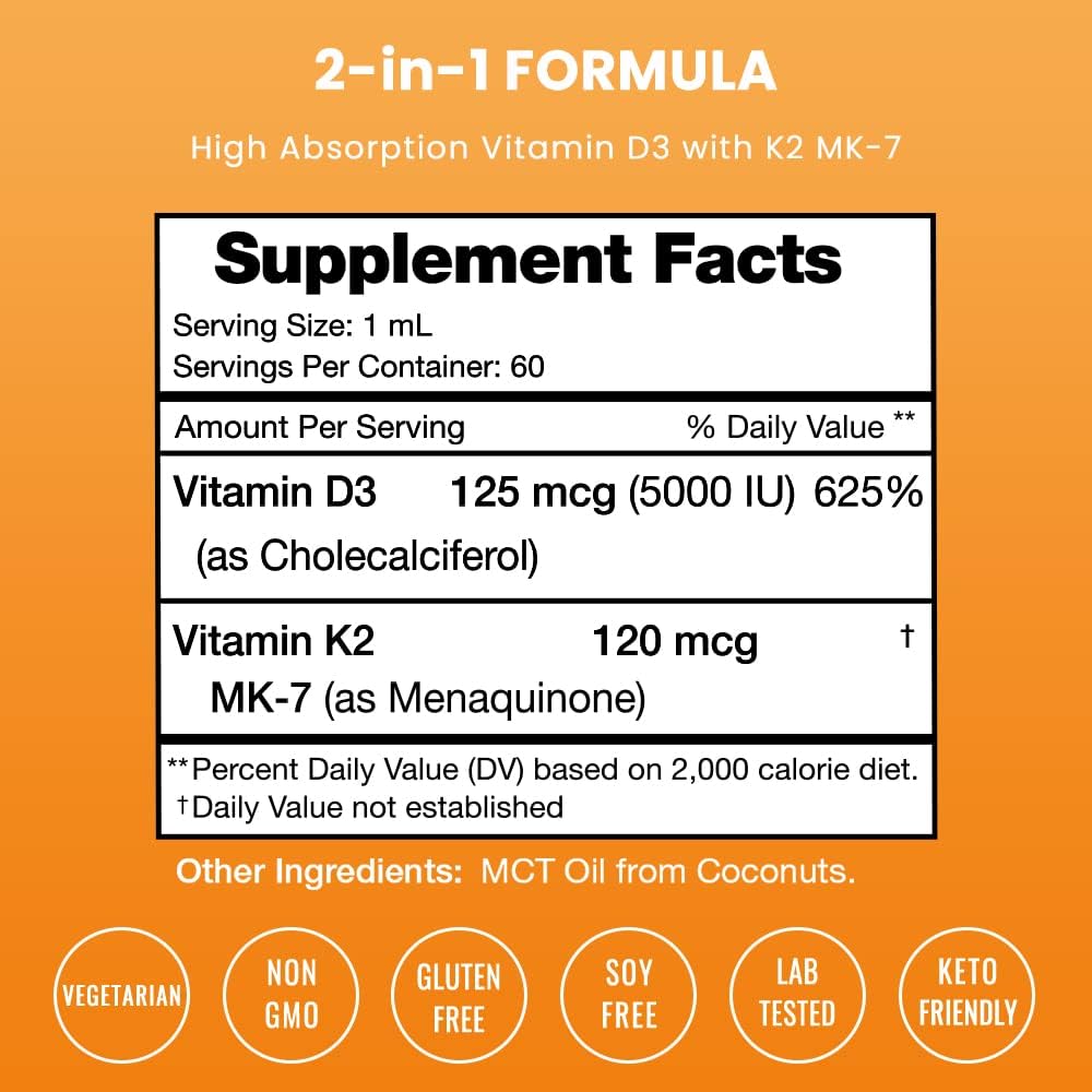 Vitamin D3 K2 Drops | Liquid Vitamin D3 5000 IU & K2 D3 with MK7 60 ml