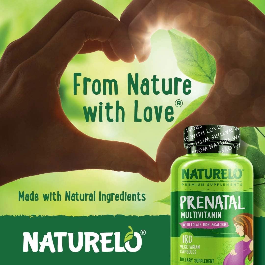 NATURELO Prenatal Multivitamin with Gentle Chelated Iron, Methyl Folate, Plant Calcium & Choline - 180 capsules