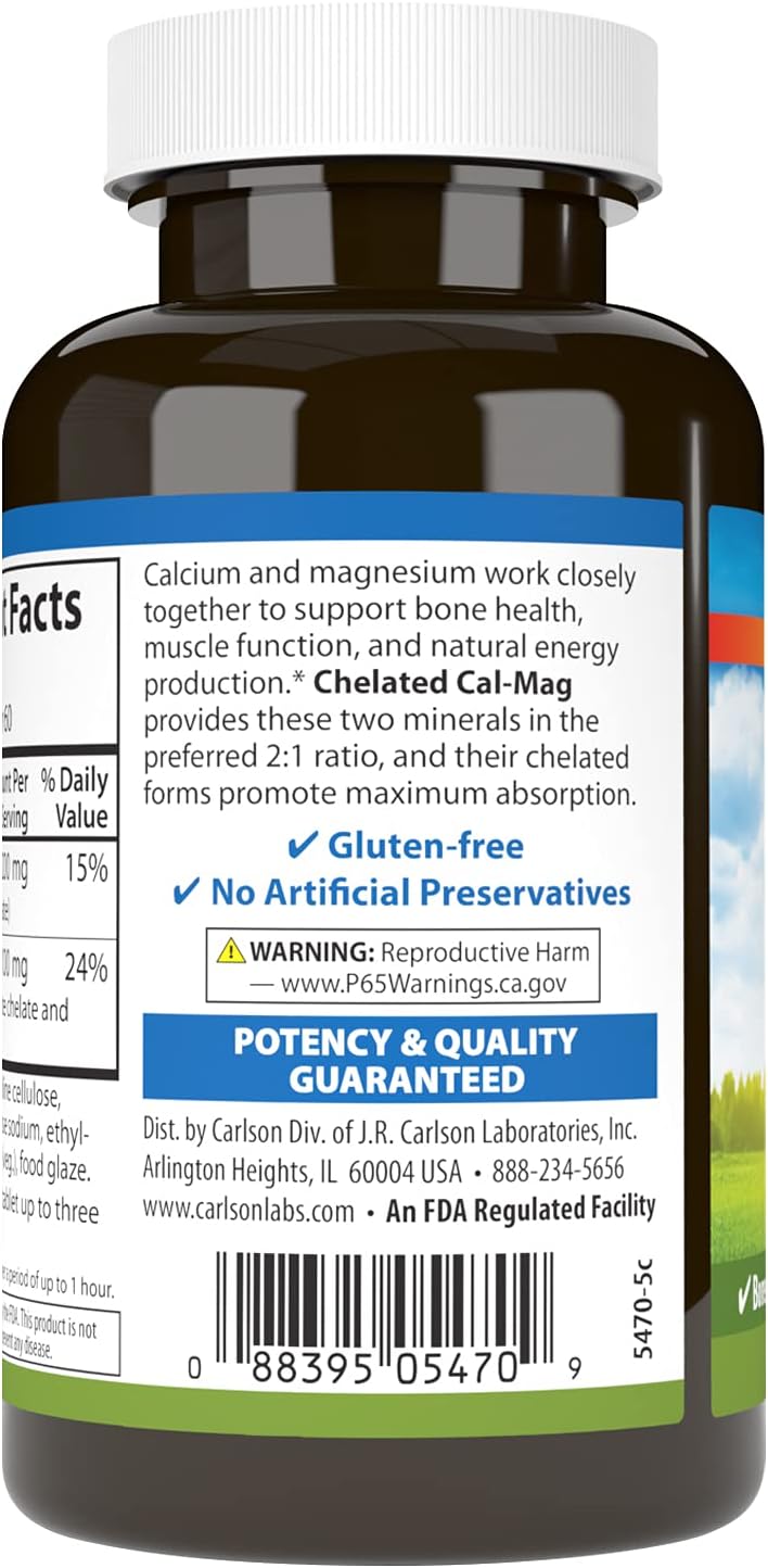 Carlson - Chelated Cal-Mag, 2:1 Calcium to Magnesium Ratio, Bone Support, Muscle Function & Energy Production, 60 Tablets