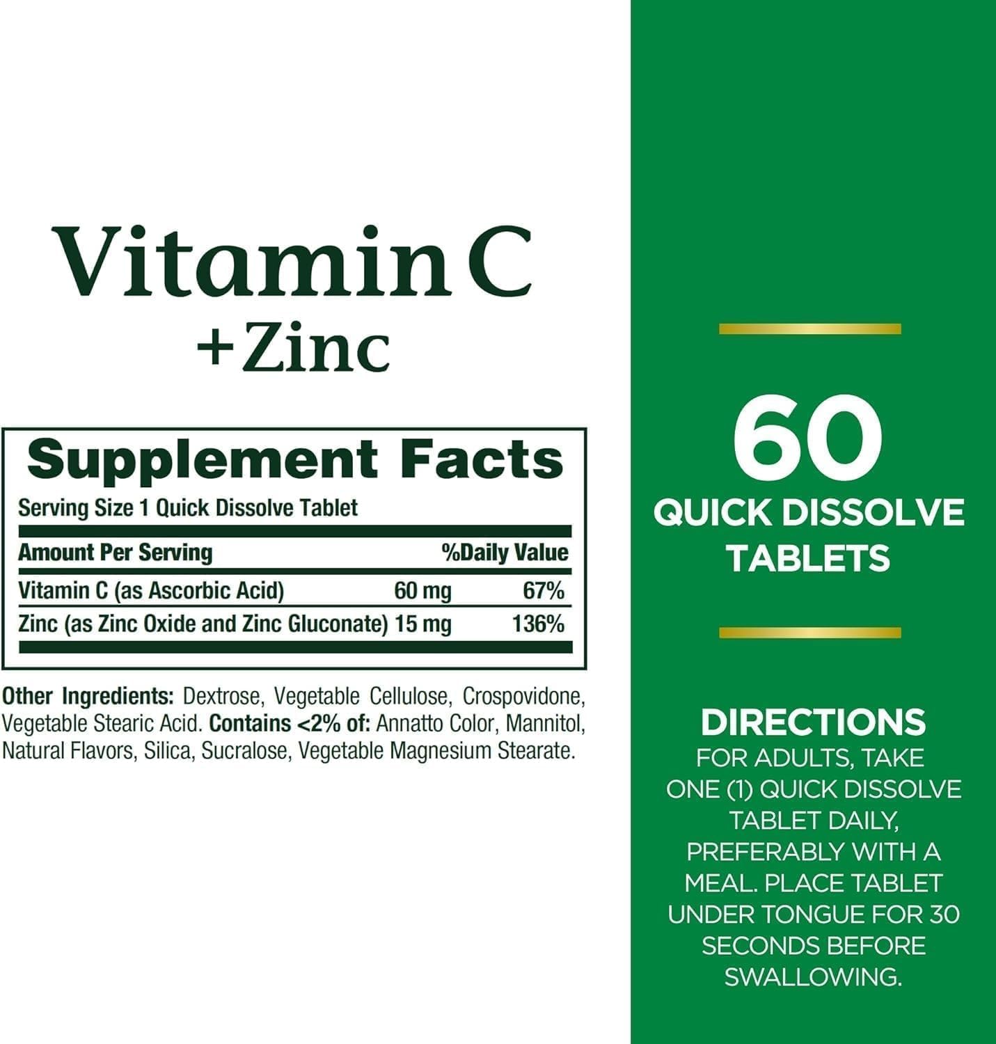 Nature's Bounty, Vitamin C + Zinc, Supports Immune Health, Vitamin Supplement, 60 mg, 60 Tablets