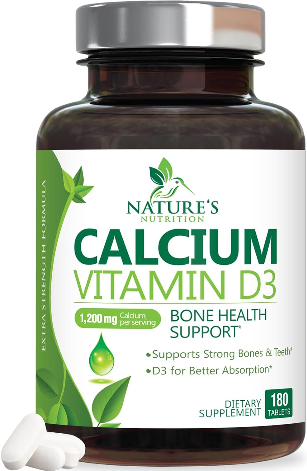 Calcium 1200 mg Plus Vitamin D3, Bone Health & Immune Support - 180 Tablets