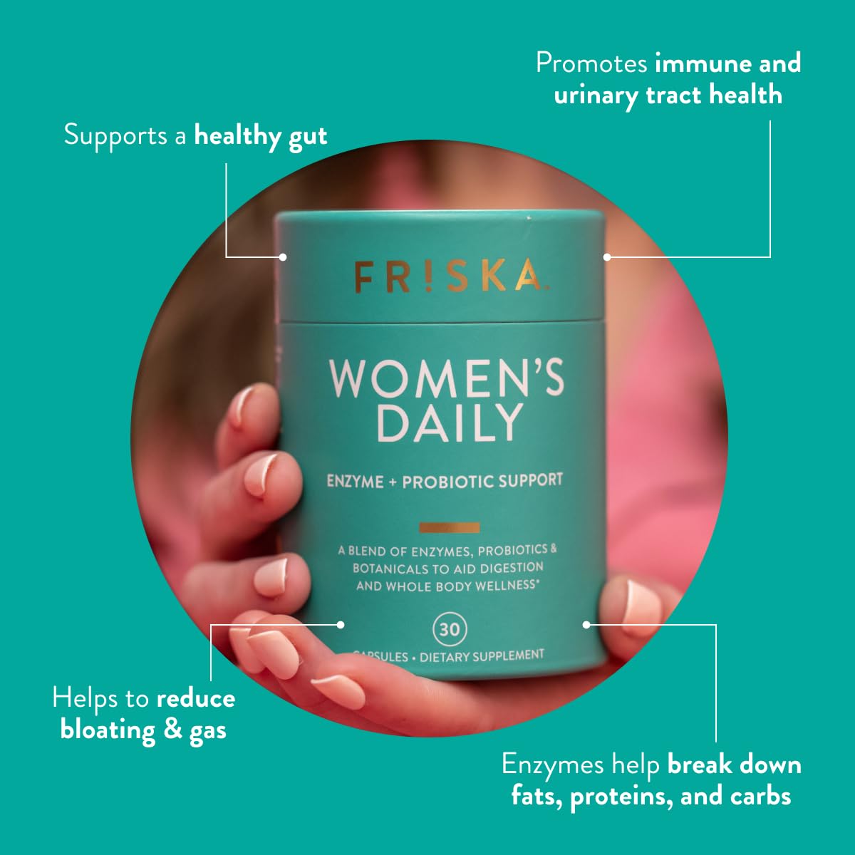 FRISKA Women’s Daily Digestive Enzyme and Probiotics Supplement 30 Capsules